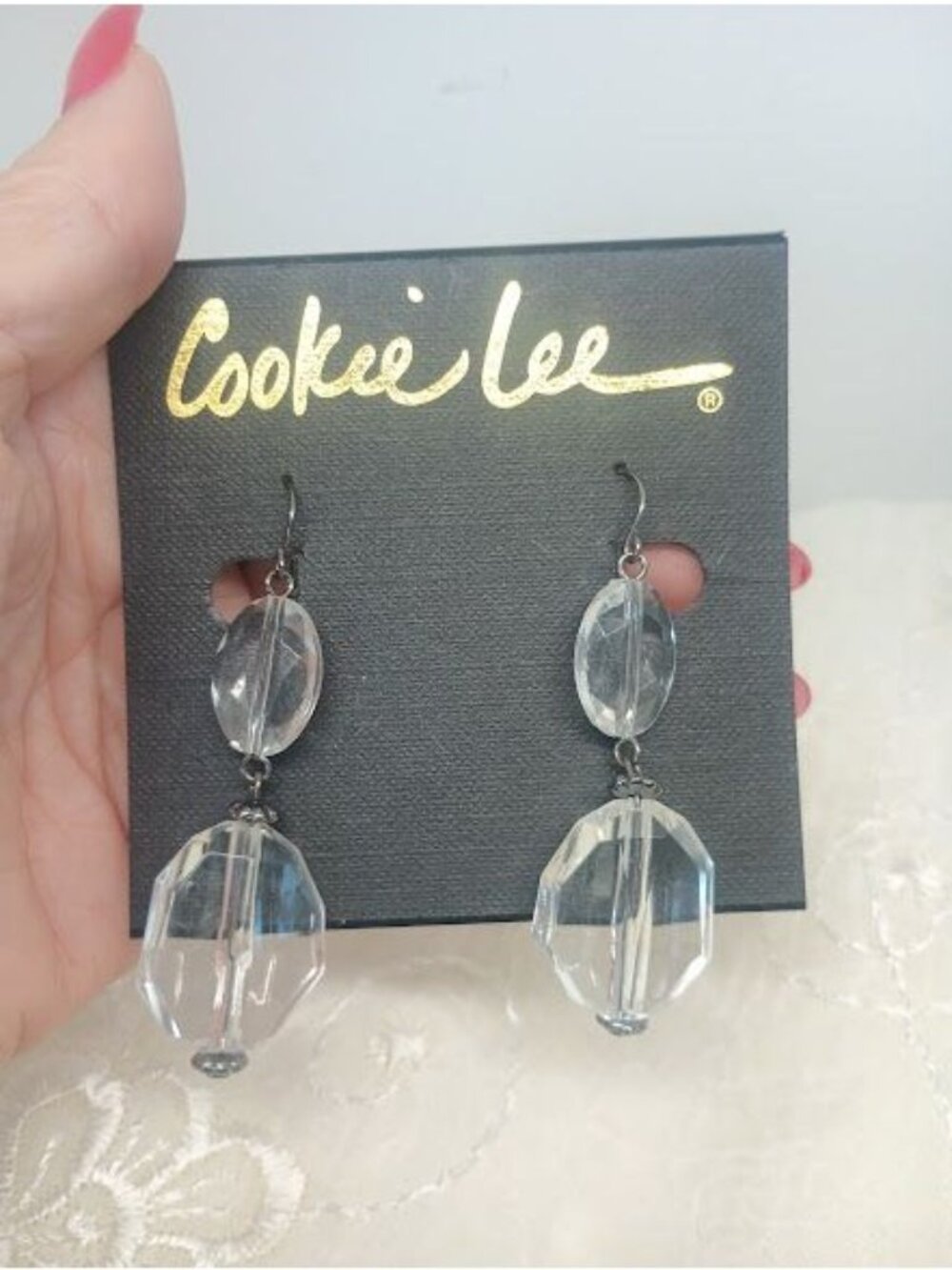 Cookie Lee Set Clear Acrylic Beads Necklace, Earrings, Bracelet & Ring ~Gunmetal - Picture 4 of 11